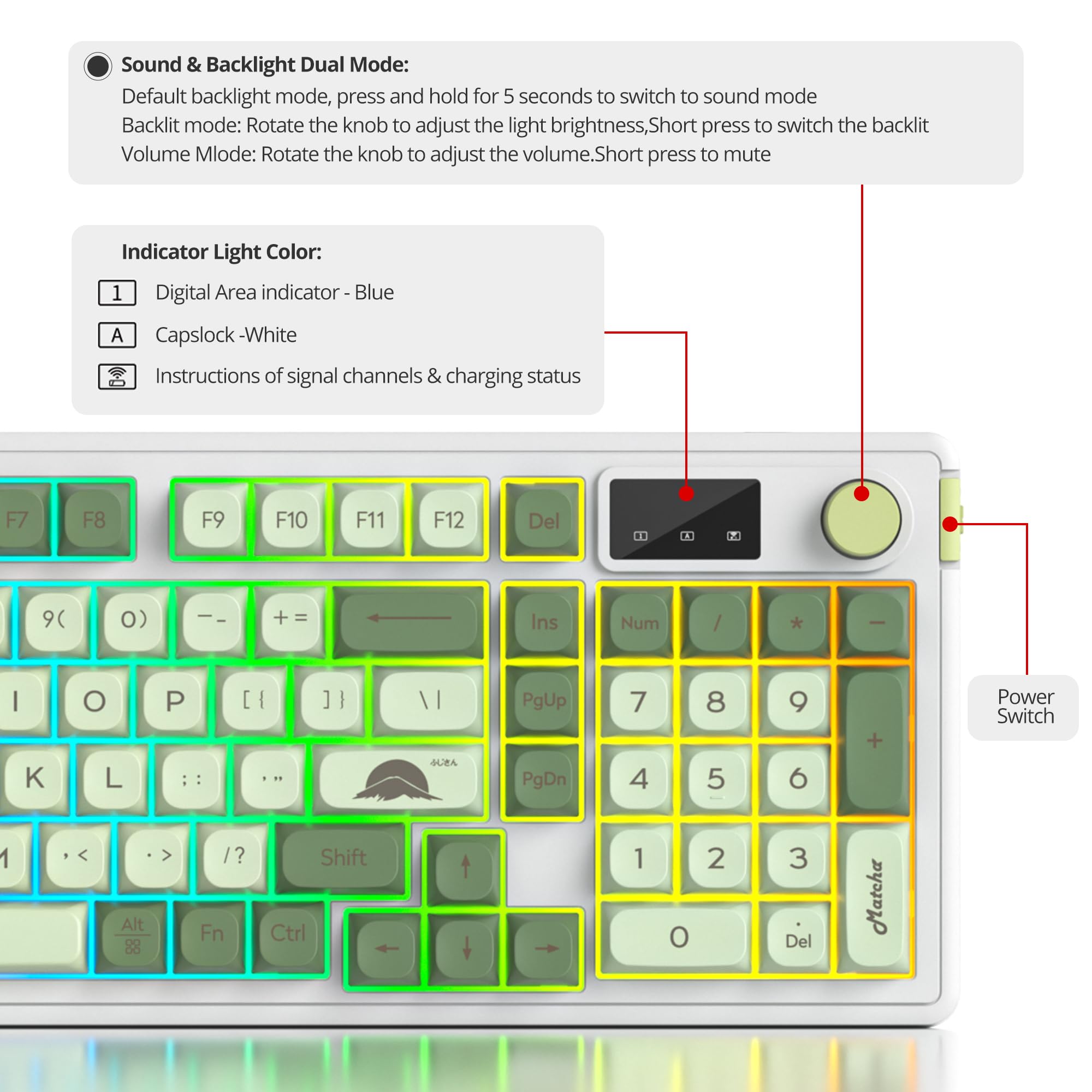 SOLIDEE Teclado de Membrana Inalámbrico 96% con Perilla,Cableado/Bluetooth 5.0/2.4G,Estructura Gasket,Retroiluminación RGB,98 Teclas Silenciosas con Sensación Mecánica,Teclado Numérico(Matcha)