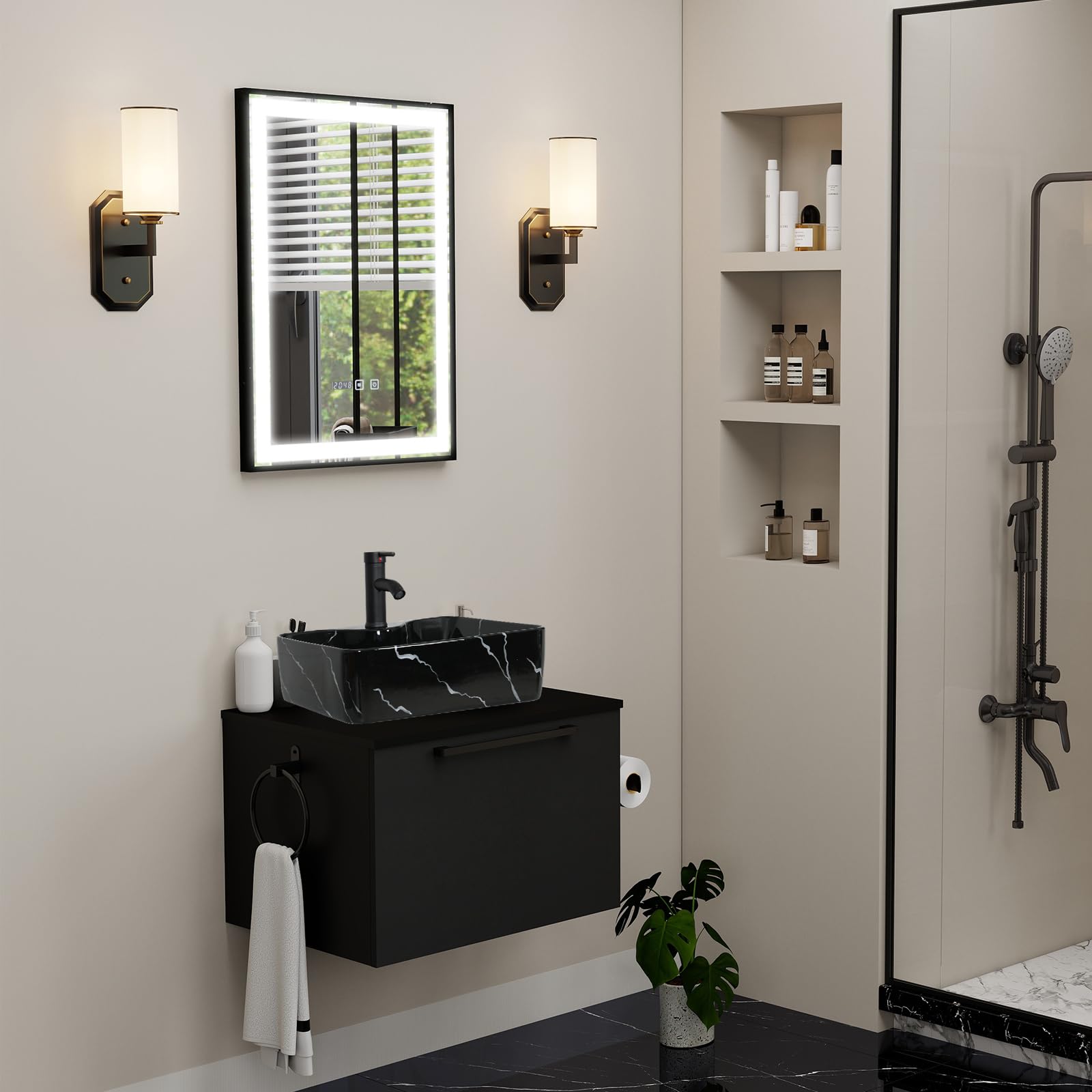 ZealWe Badmöbel-Set Waschtisch mit Unterschrank 60cm, Waschbeckenunterschrank mit Waschbecken, Badezimmermöbel Matt Schwarz Badezimmerschrank Hängend, 2-teilig, für kleine Bäder Gäste WC, Schwarz