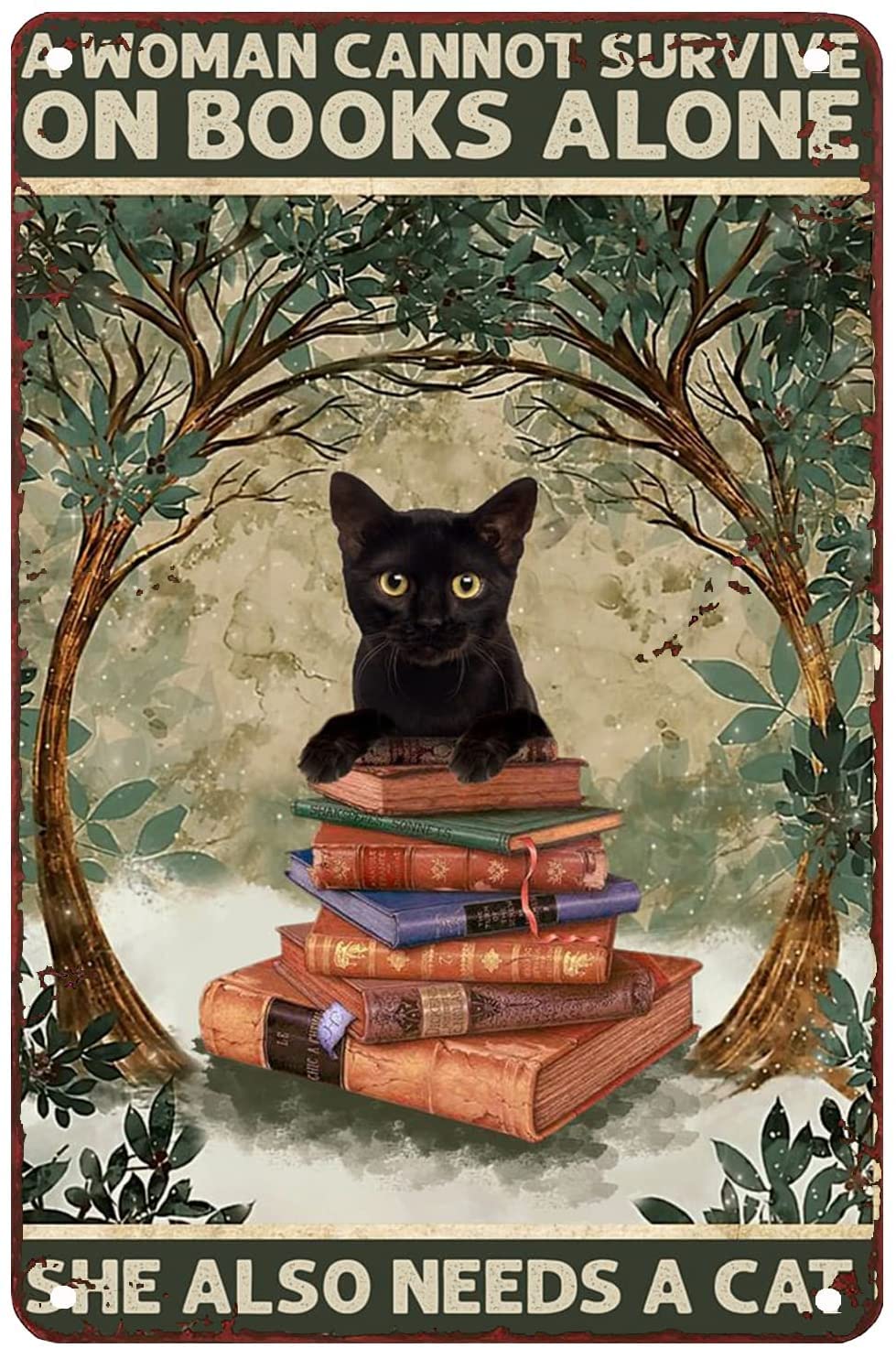 Nuboxx Yt_1 Reading Room Sign Black Cat And Book A Woman Cannot Survive Metal Decor For Outside Wall Metal Sign Vintage Home Decor Rustic Tin Sign Wall Art Metal Poster For Room 8X12 Inch