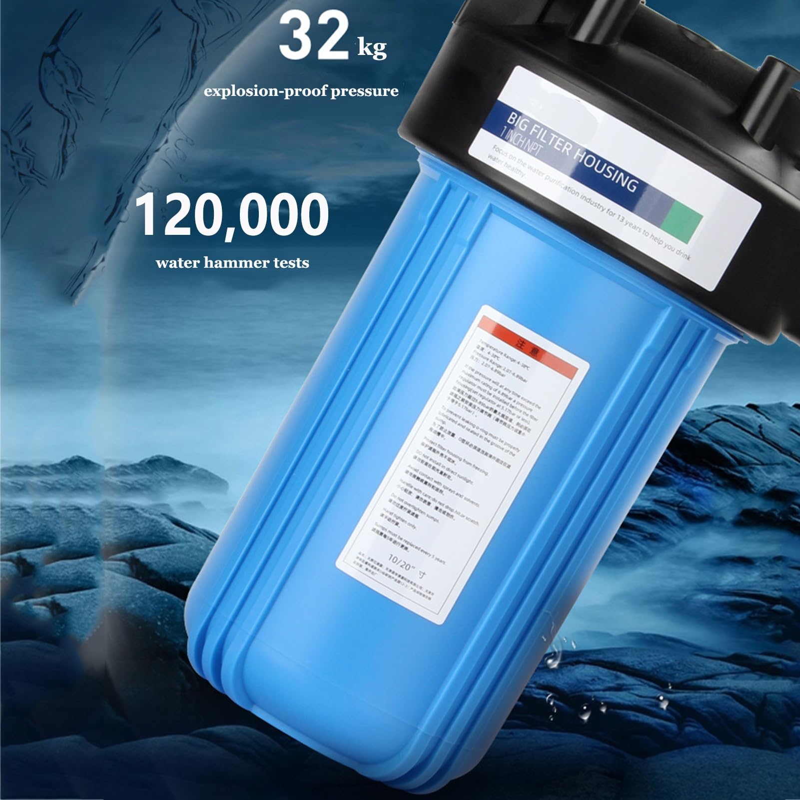 Obudowa filtra wody na cały dom, Zawiera 1 bawełniany wkład filtracyjny PP, Pasuje do filtrów osadowych 20" x 4,5" Do wody ze studni i wody miejskiej, Gniazdo 1" NPT