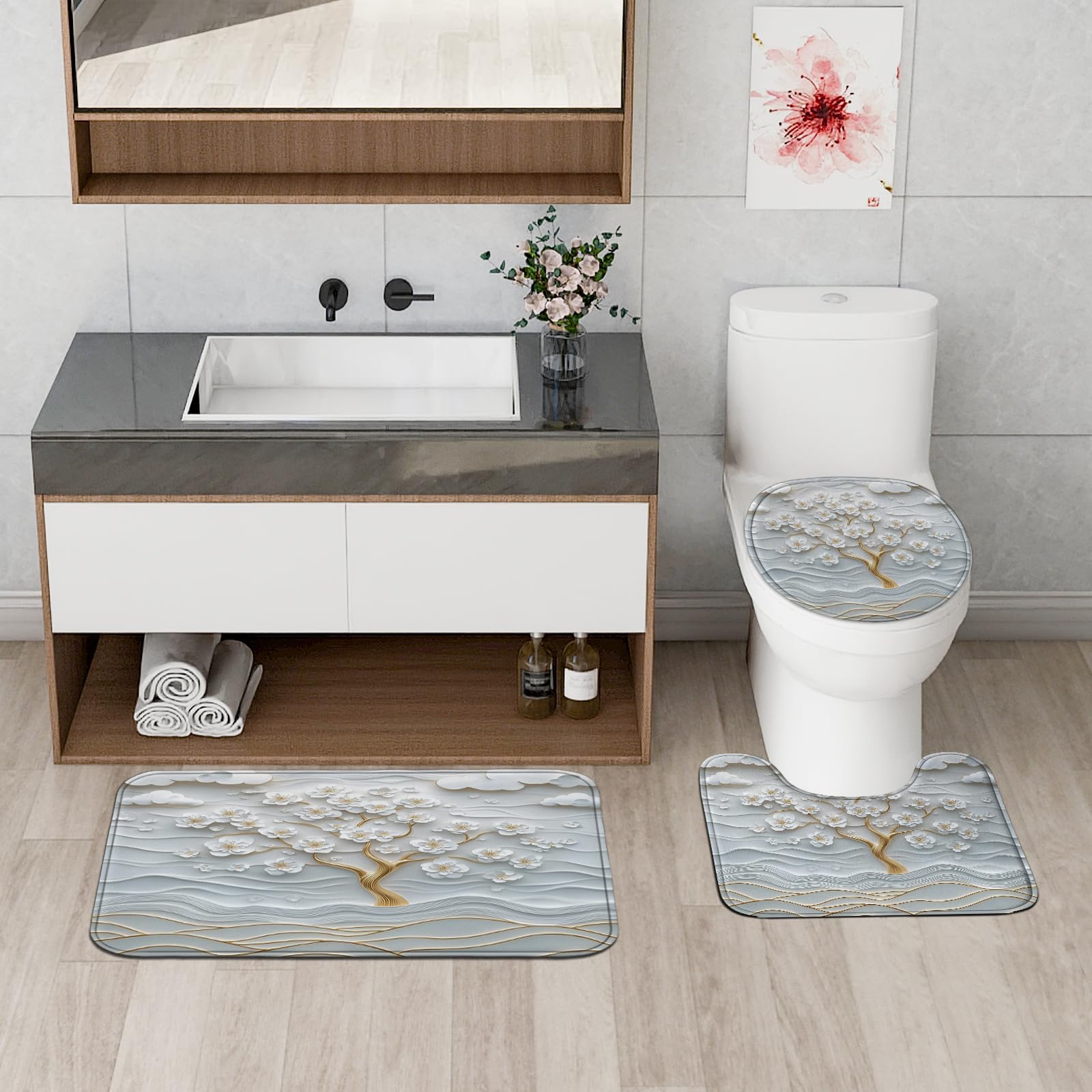 Juego de 4 accesorios de baño de árbol de chinoiserie blanco con alfombra antideslizante, en forma de U y cubierta de tapa de inodoro, decoración de tela de baño china japonesa 3D, 72 x 72 pulgadas