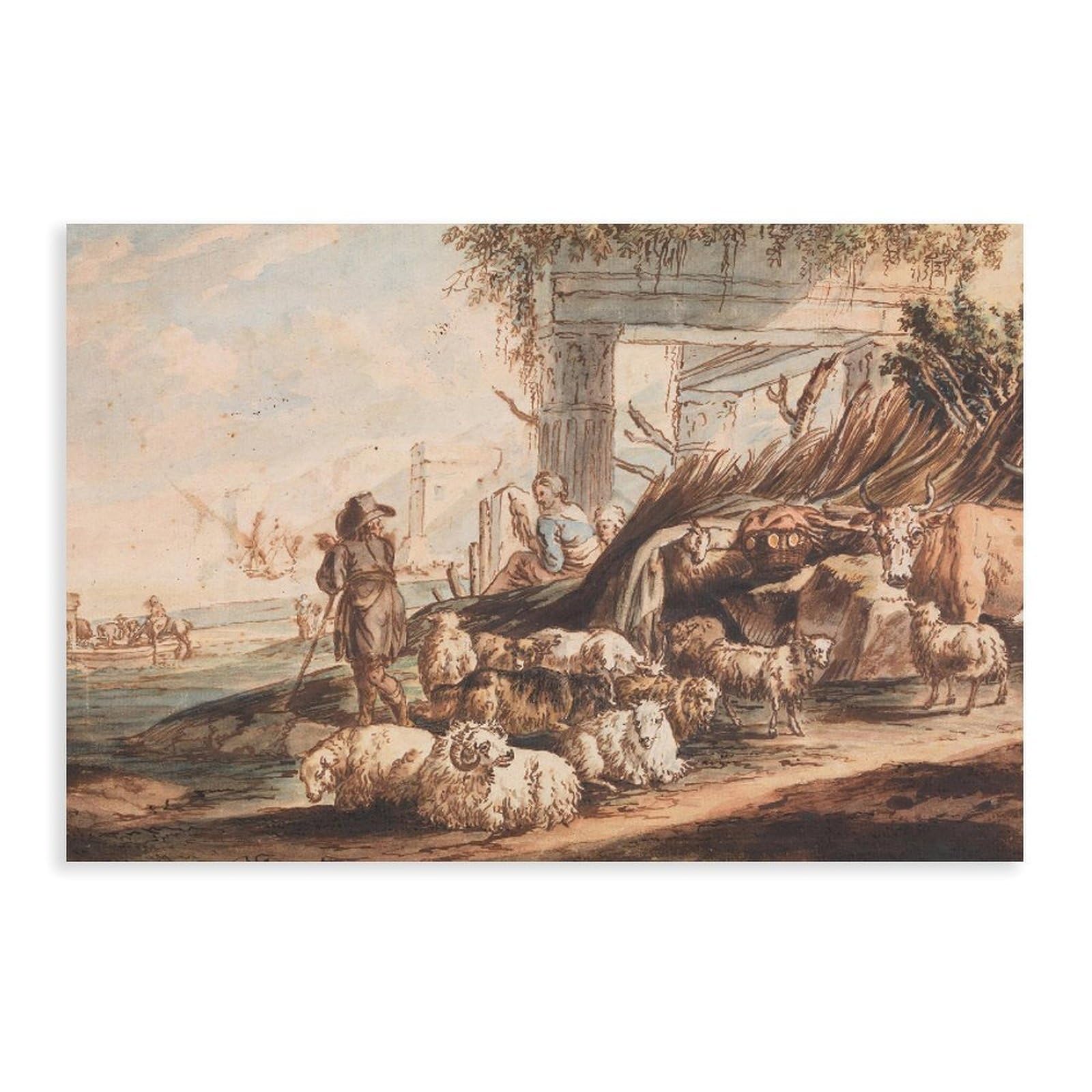 YRVSHC Shepherd with A Flock of Sheep And A Cow Among Ruins (1600-1700) Canvas Poster for Home Decor Gift