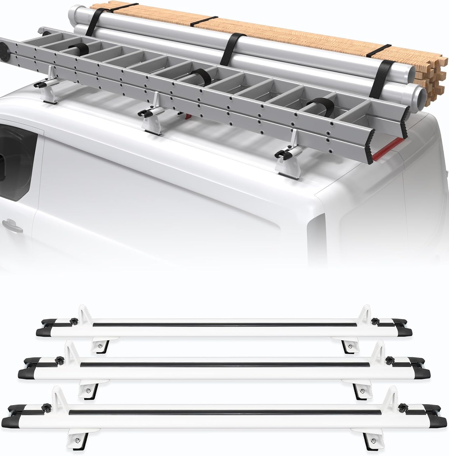 MELIPRON Aluminum Van Roof Rack Fit for Ford Transit Connect, RAM Promaster City, Nissan NV200, Chevy City Express, 53" Ladder Rack for Cargo Van, White, 3 Crossbars