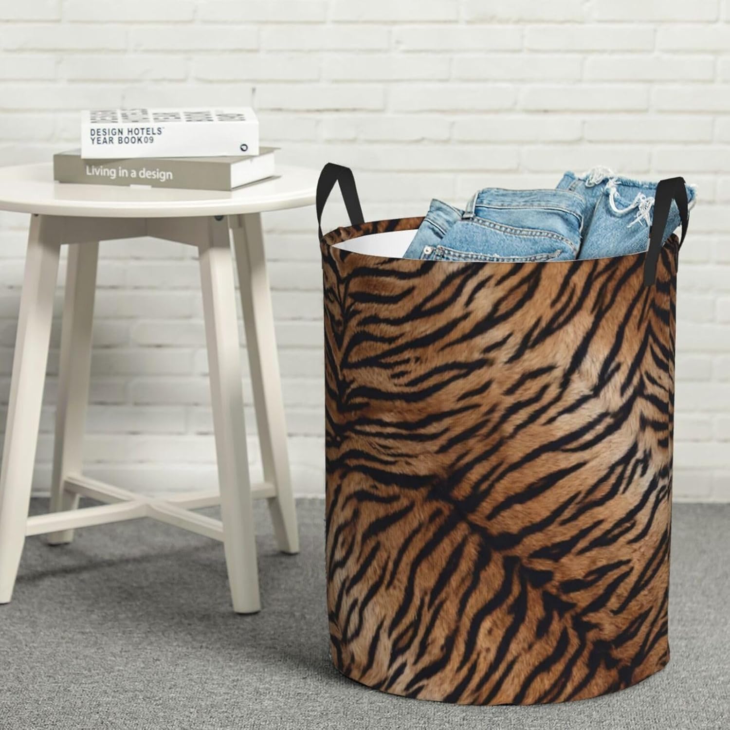 Tiger Texture Round Laundry Hamper Natural Animal Skin Print Storage Basket Toys Clothes Organizer Bin For Home Bathroom Bedroom Dorm Nursery, 62l