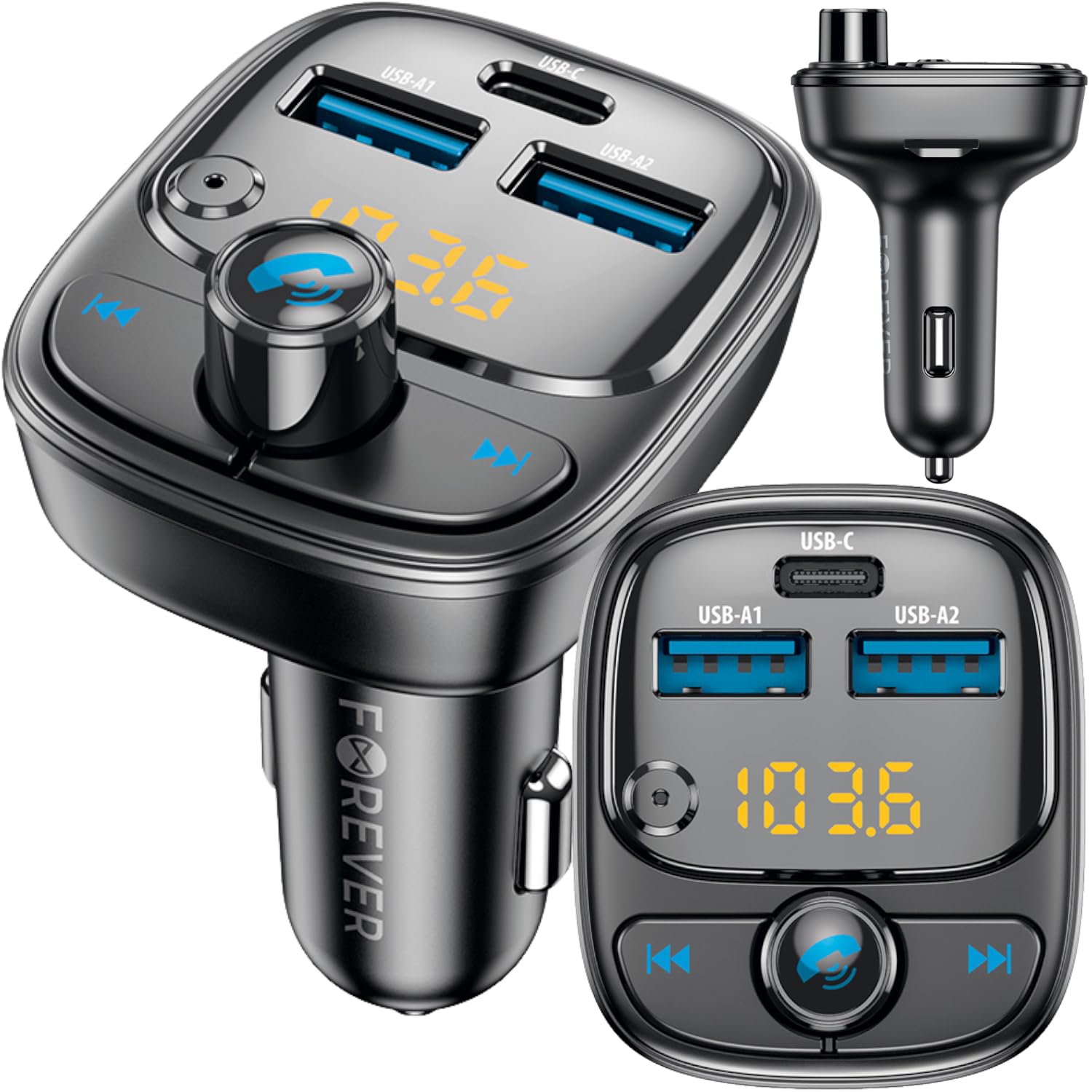 FOREVER Trasmettitore FM Bluetooth 5.0, adattatore radio per auto con 3 porte di ricarica (2x USB-A, 1 x USB-C), kit vivavoce, trasmettitore radio per auto Bluetooth, lettore musicale per auto