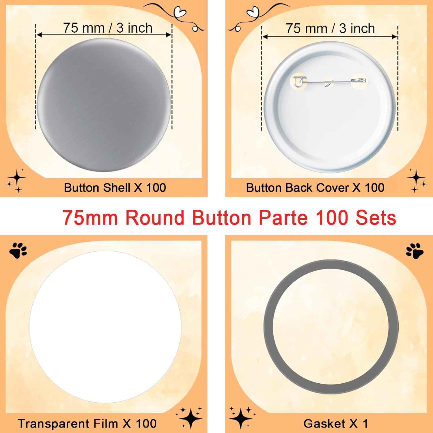 100 Sets 75mm Button Maker Supplies, 3 Inch Button Supplies Blank Badge Parts Includes Metal Covers, Plastic Backs& Clear Film, Compatible with Button Maker/Pin Press Machine