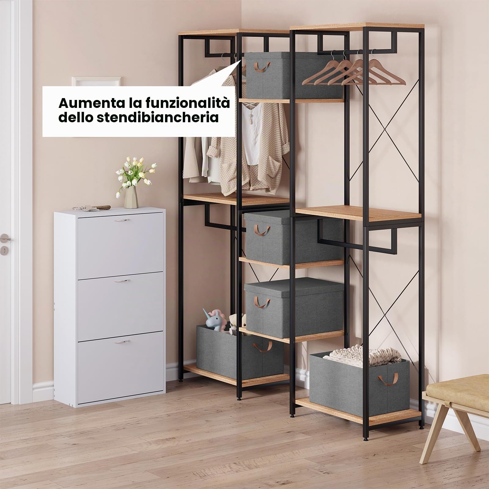 WOLTU Scatole portaoggetti in Tessuto 6 Pezzi, Contenitori pieghevoli con Coperchio e Maniglie, per Vestiti da Armadio, Grigio, 43x33x26cm