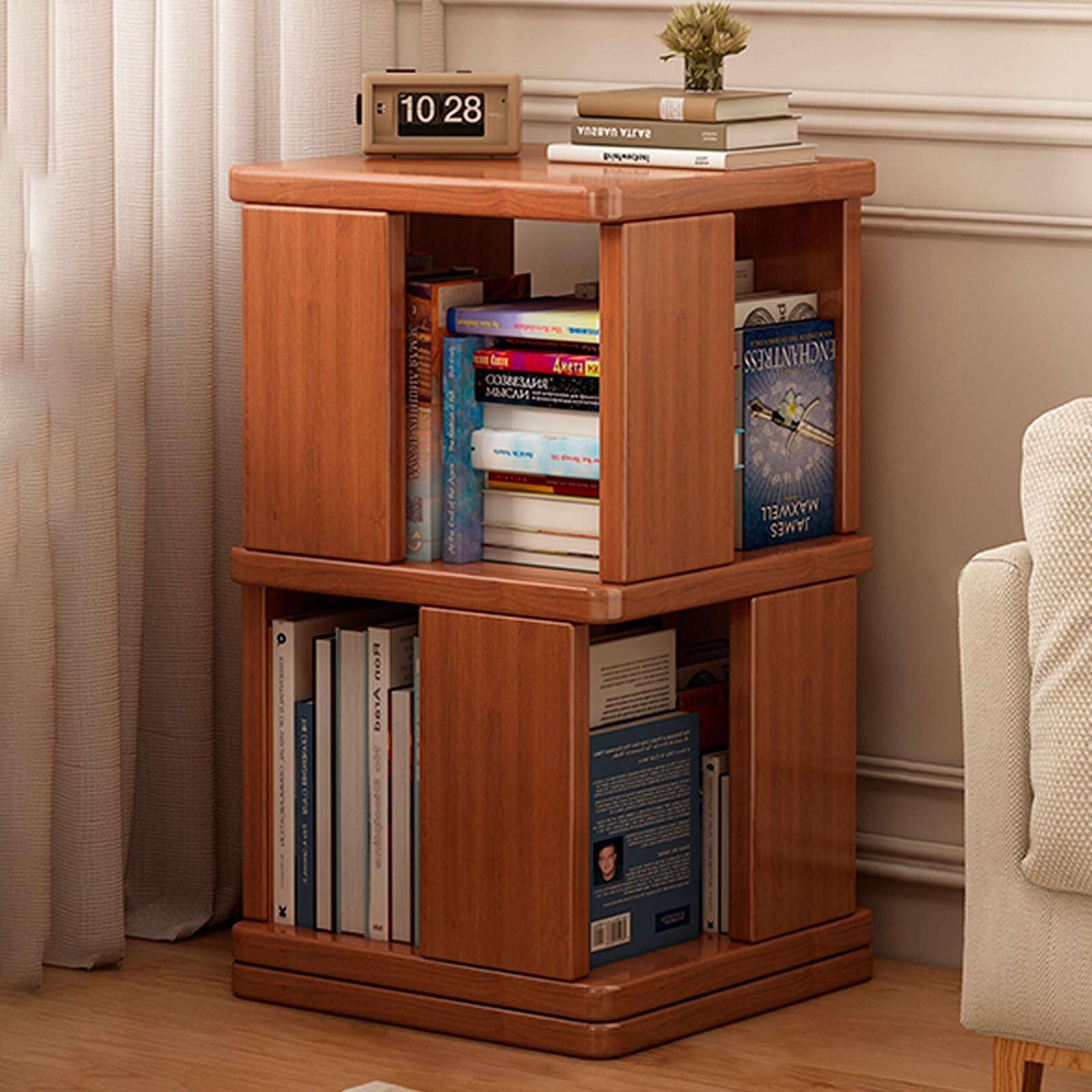 Scaffale per libri rotante in legno, scaffale angolare a più livelli con base robusta per riporre libri, esporre statuette e organizzazione di cancelleria