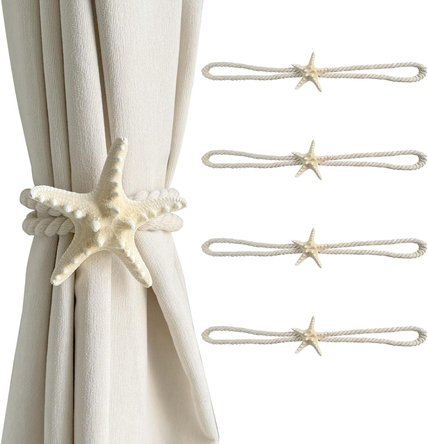 4 Pcs Natural Starfish Curtain Tiebacks, Handmade Woven Rope Curtain-Ties Scandinavian Minimalist Style Curtain Spreader for Outdoor, Hotel, Bedroom Decoration (White Finger Starfish)