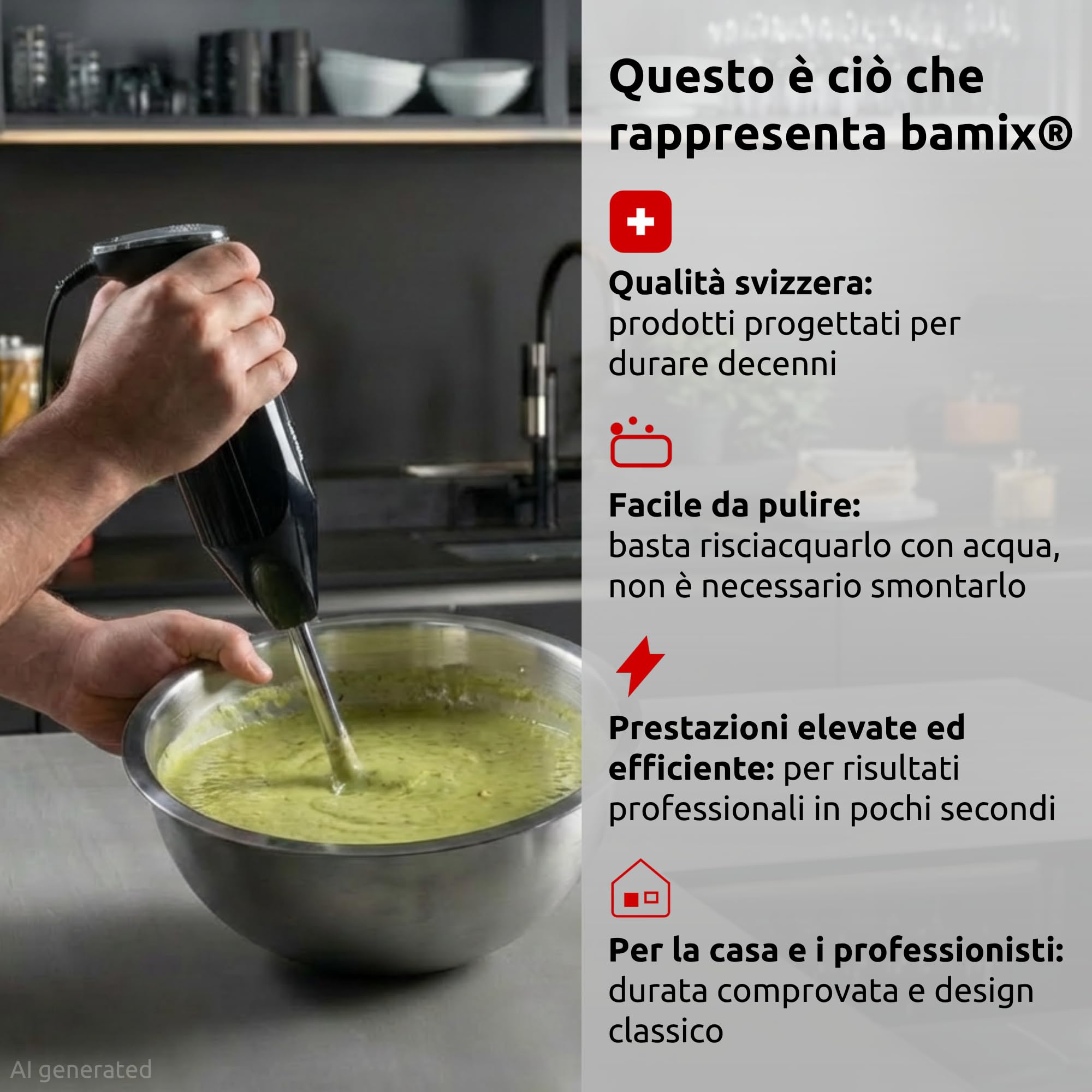 bamix Frullatore a immersione M350 MAXX incl. lama multiuso, per carni e verdure, frusta, frullino in acciaio inox, 300 watt, 2 velocità, Made in Switzerland, Nero/cromo