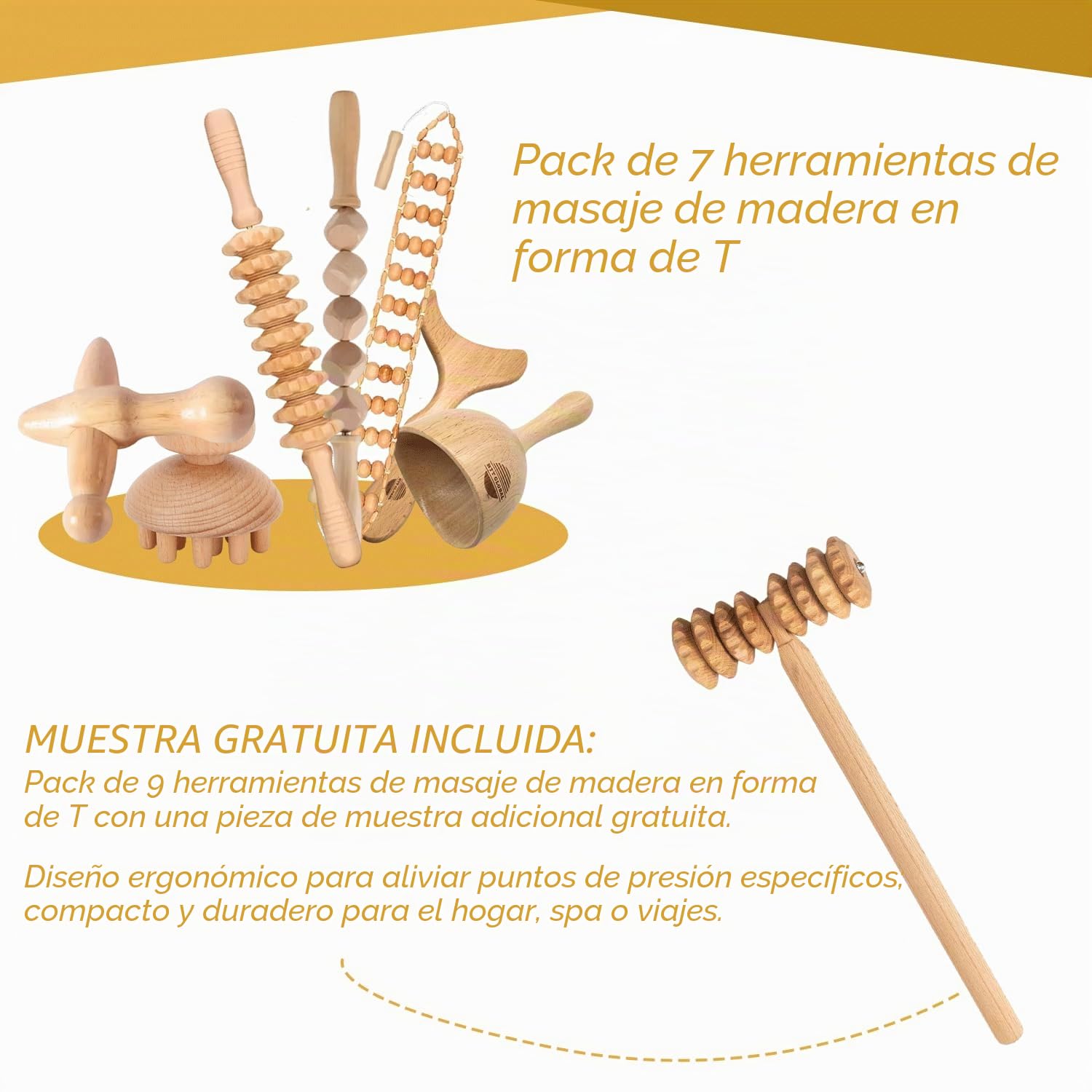 Masajeador de Madera 7 Piezas, Maderoterapia Corporal, Masaje Manual para Drenaje Linfático, Reducción de Celulitis y Relajación Muscular, Kit Completo de Herramientas Terapéuticas