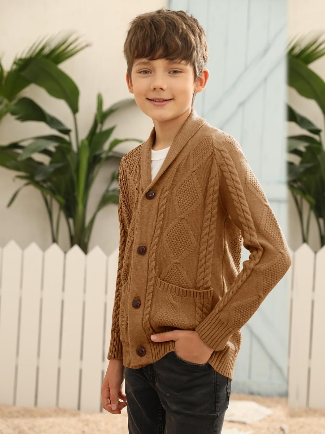 Boy's Sweater Cardigan Button Down Shawl Collar Cable Knitted Outwear Sweater Coats with Pockets