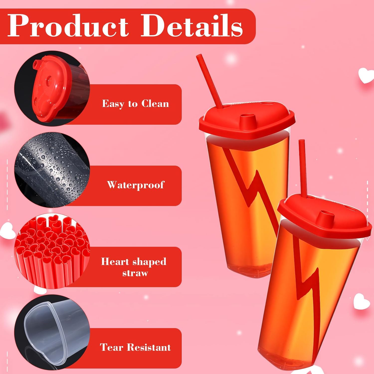 30 Set Clear Heart Shaped Plastic Cups with Lids and Straws - 16 oz Disposable Cups Bulk for Valentines Birthday Wedding Mother's Day Anniversary Summer Party Supplies (Red and Red)