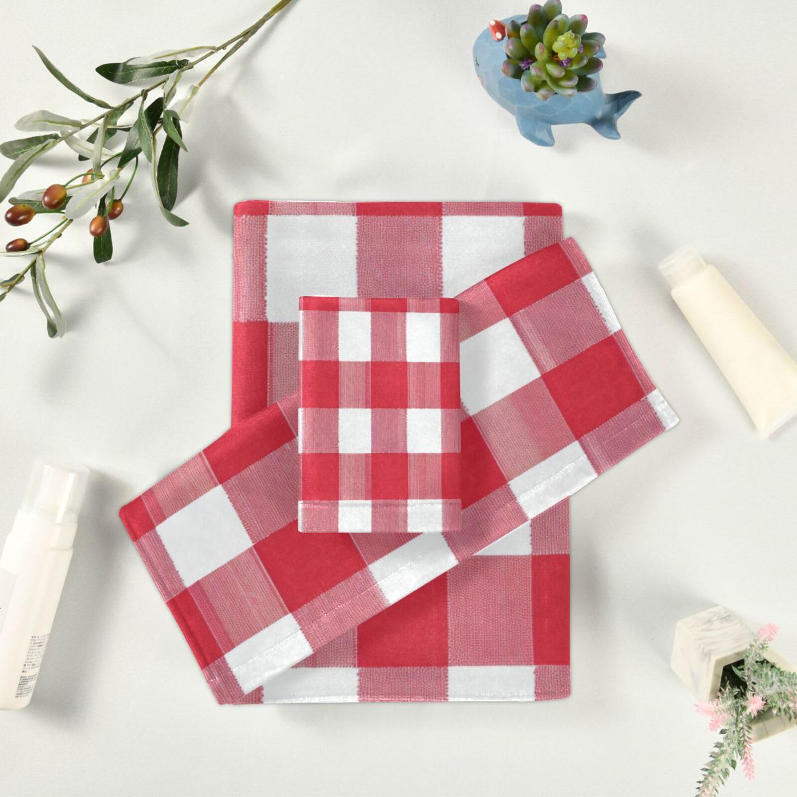 Buffalo Plaid w kratkę czerwone białe miękkie ręczniki do twarzy zestaw 3 sztuk, 1 ręcznik kąpielowy 1 ręcznik do rąk 1 myjka do łazienki kuchni