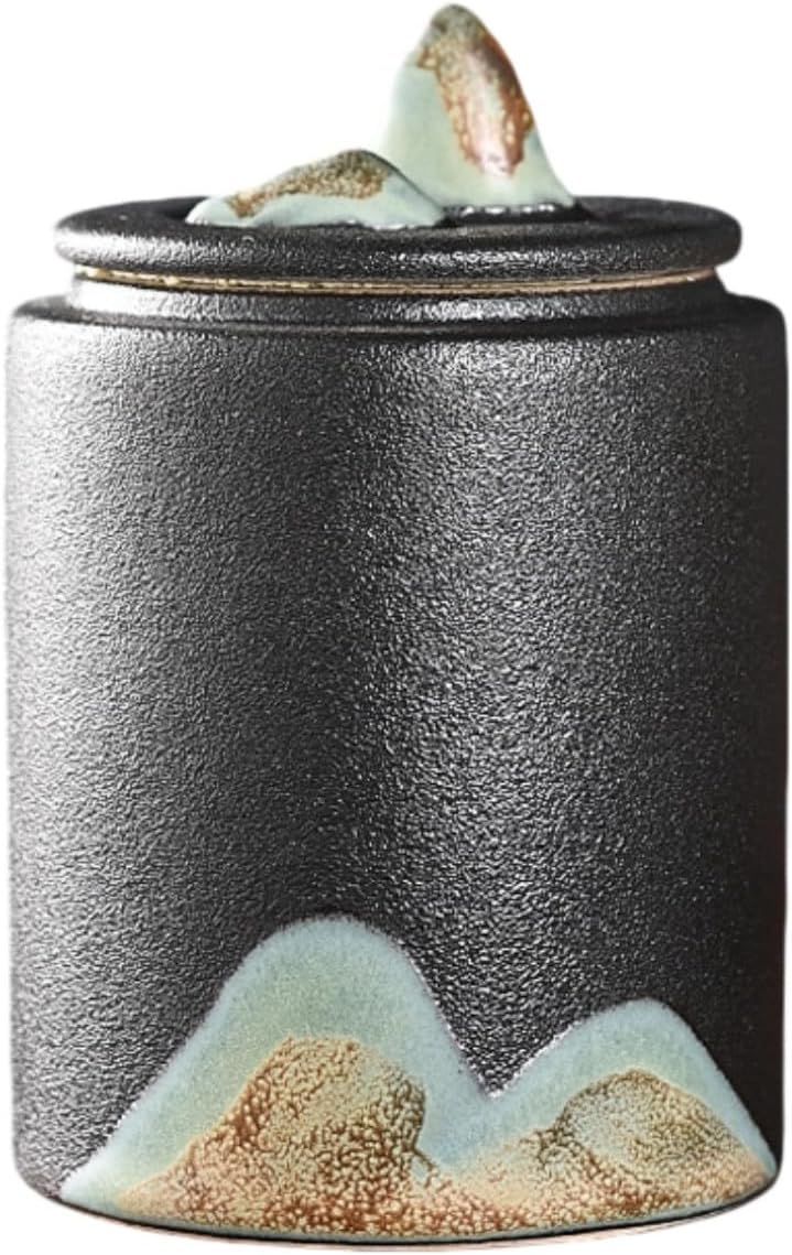 粗陶禅意茶叶罐手绘远山小茶仓陶瓷摆件 Ceramic Kung Fu Tea Set,teapot,Teacups,warming Wedding Birthday Gift,Tea Tray Chinese,Dishwasher Safe 禅黑·远山观物茶叶罐220ML