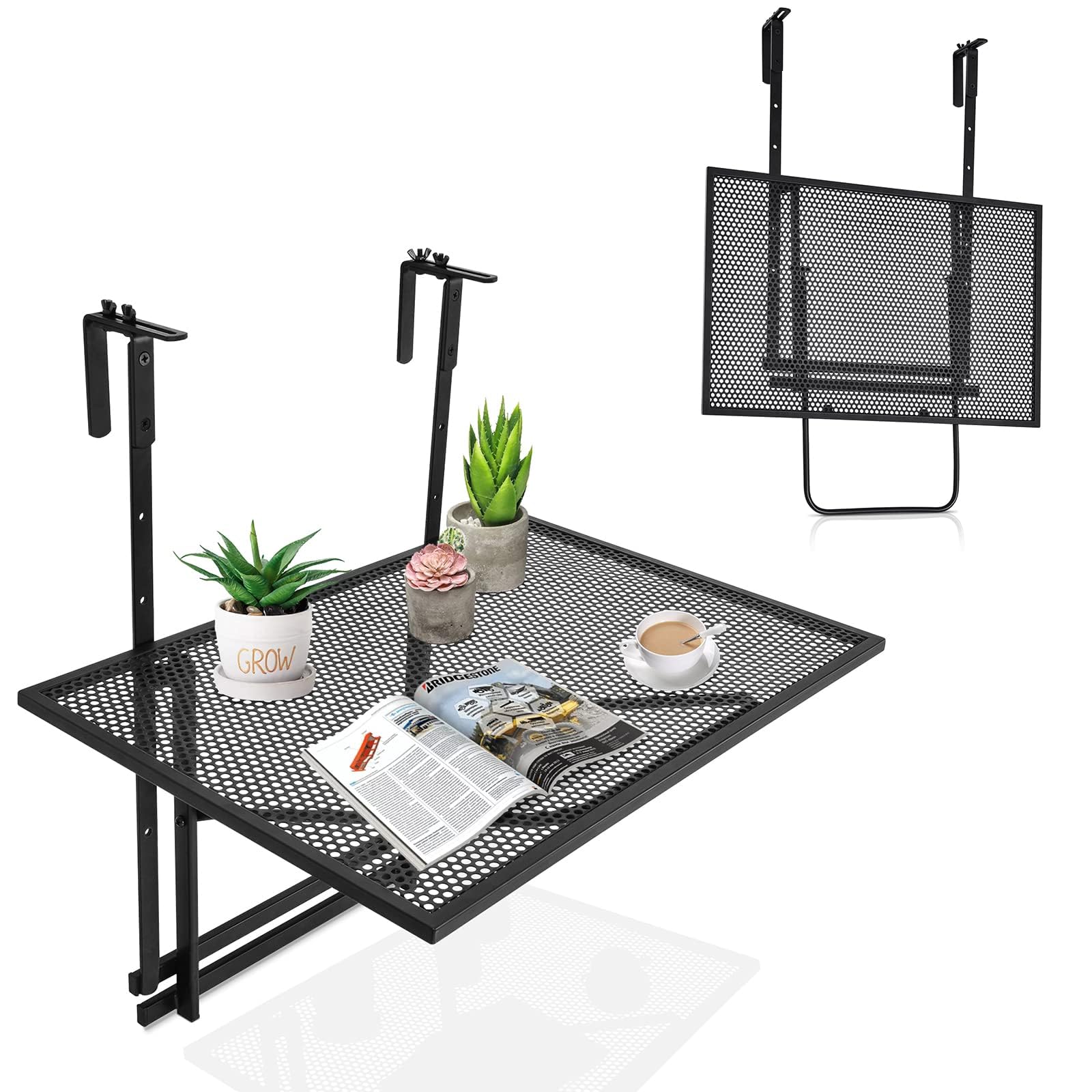RELAX4LIFE Tavolino da Balcone, Tavolo da Giardino Pieghevole in Metallo, Altezza 5 Regolabile con Ganci, Tavolo Sospeso Portata 20kg, per Ringhiera Interno/Esterno, Nero (60,5x50,5x83cm)