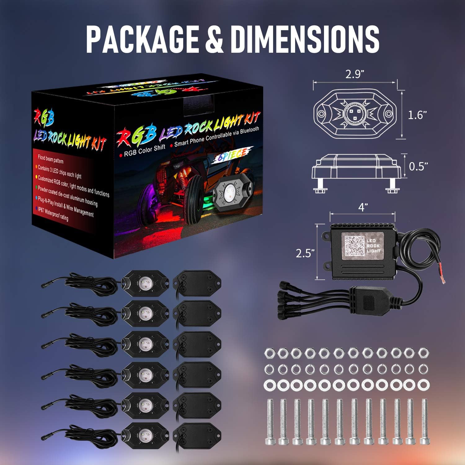 RGB Rock Lights, 6 Pods Multicolor Neon LED Light Kit with Bluetooth Control Waterproof Timing Function Music Sync Exterior Wheel Light for Truck ATV Utv SUV Boat Off Road