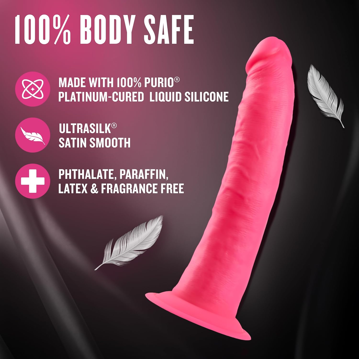 Blush Novelties Neo Elite, 7.5 Inch Premium Dildo PurioTM Silicone, 1.5 Thick Shaft Ultrasilk Smooth Sensa Feel Dual Density, Suction Cup Harness Compatible Hands Free Play, Adult Sex Toy - Neon Pink