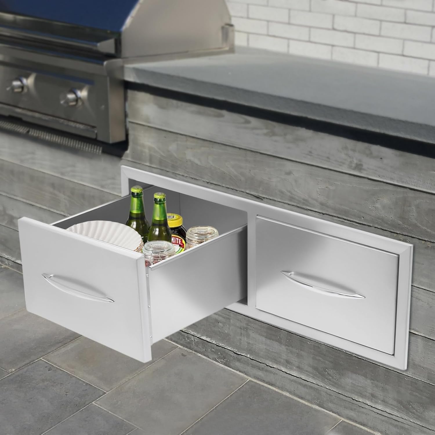 Outdoor Kitchen Drawer Stainless Steel Pull Out Trash Drawer Horizontal Double Access for Outdoor Kitchen, 29.5W x 10H x 19.7D Inches, Silver