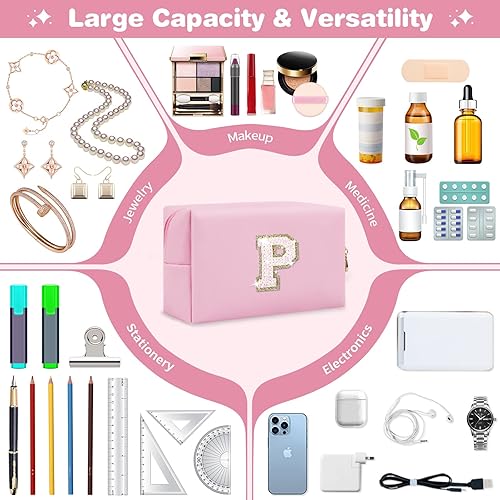 Miniatura 6 de Pequeña bolsa de parche personalizada con inicial, de piel sintética rosa, con purpurina, para cosméticos, regalo de cumpleaños para adolescentes,