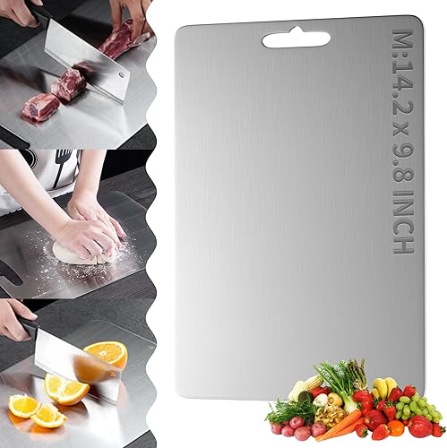 Tabla de cortar de doble cara para cocina, de acero inoxidable 304 de grado alimenticio, adecuada para carne, frutas y verduras (mediana (14.2 x 9.8