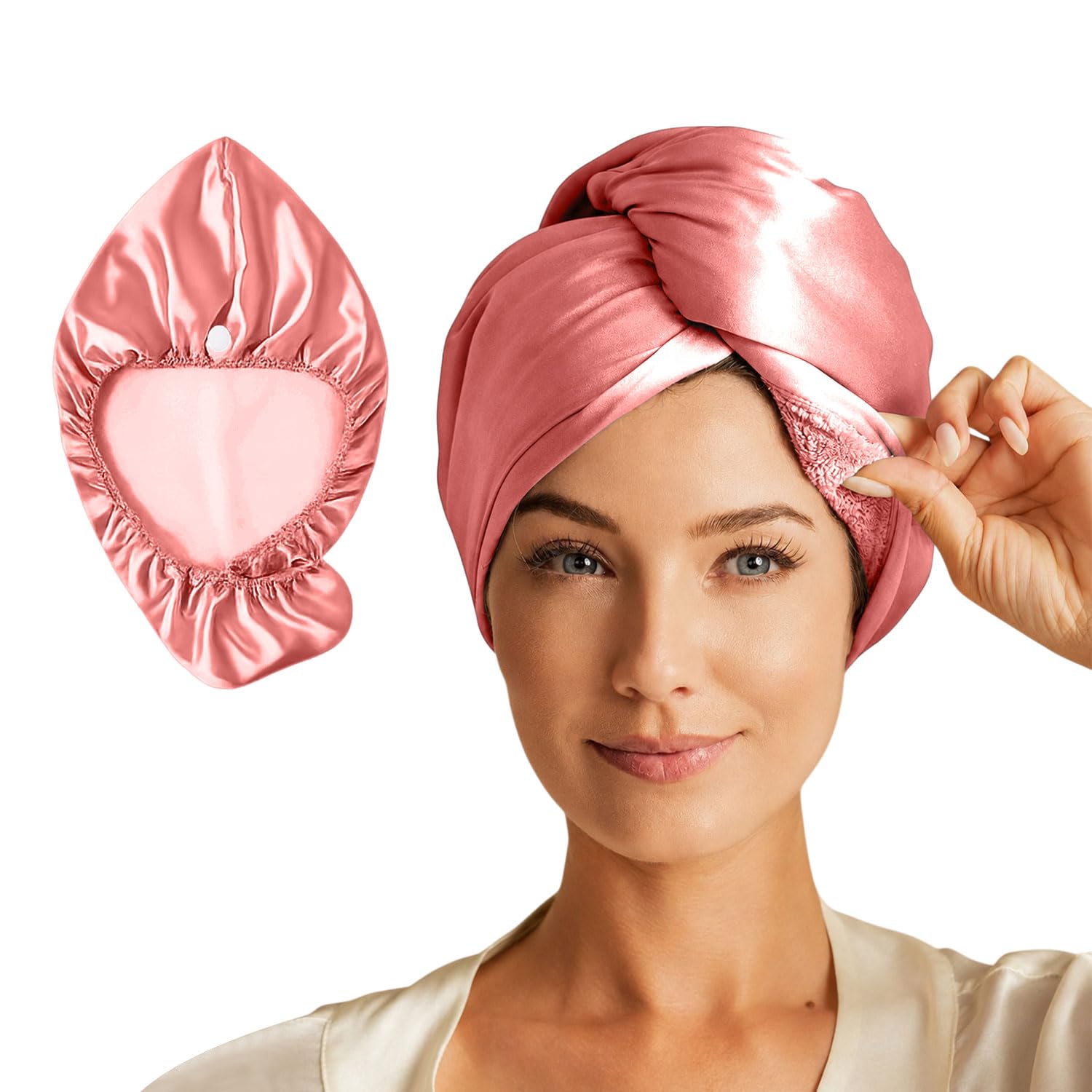 MAXOSHINE Hair Towel Wrap for Women | Quick Drying Silk Bonnet for Sleeping for Hair with Elastic Loop for Tying | Super Absorbent Reversible Satin Hair Cap for Ladies Hair Turban (Pink)-image-19