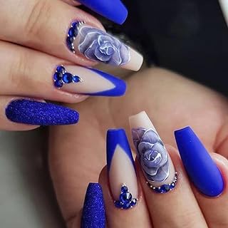 Medium Press on Nails French Tip Fake Nails with Flower Designs Acrylic Nails Coffin Blue Glue on Nails Rhinestones Stick on Nails Glitter Press on Nail for Women and Girls 24Pcs