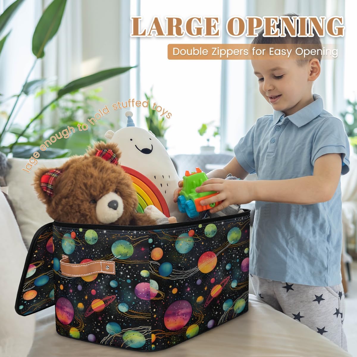 Storage Bin Set of 2 Colorful Planets Storage Basket with Zipper Lid & Handle Foldable Closet Shelf 2 Pack Cloth Organizer Basket Cube Bins Clothes Organizer for Nursery, Bedroom