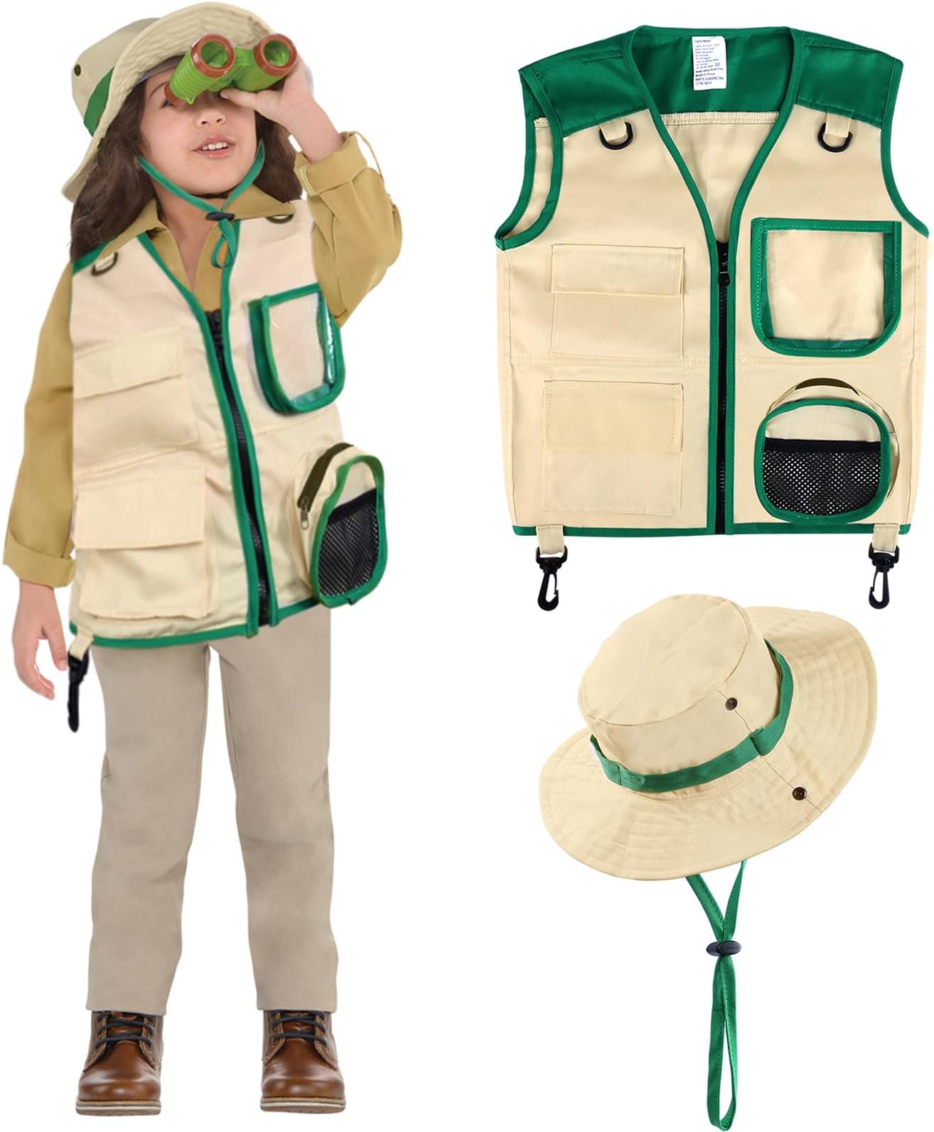 Safari Costume Cargo Vest and Hat for Kids, Outdoor Explorer Kits and Role Play for Park Ranger, Paleontologist, Zookeeper, Jane Goodall Costume,Great Backyard Safari Gift for Adventure Boys and Girls