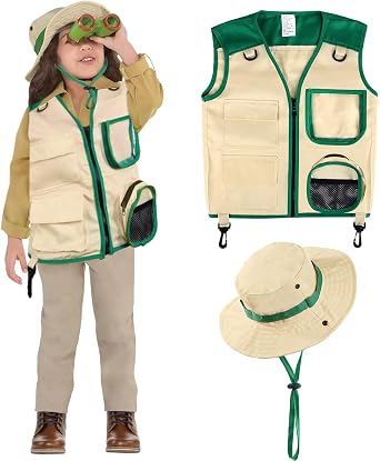 Safari Costume Cargo Vest and Hat for Kids, Outdoor Explorer Kits and Role Play for Park Ranger, Paleontologist, Zookeeper, Jane Goodall Costume,Great Backyard Safari Gift for Adventure Boys and Girls