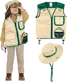 Safari Costume Cargo Vest and Hat for Kids, Outdoor Explorer Kits and Role Play for Park Ranger, Paleontologist, Zookeeper, Jane Goodall Costume,Great Backyard Safari Gift for Adventure Boys and Girls