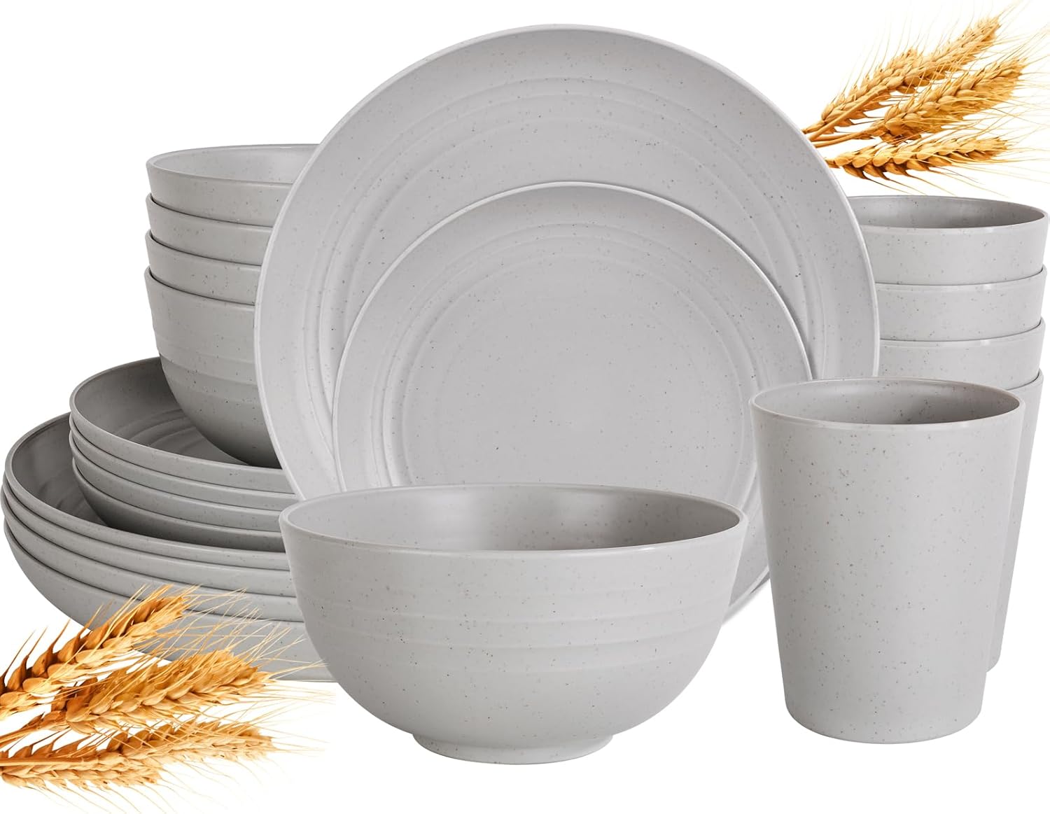 LIYH 16pcs Wheat Straw Dinnerware Sets Plastic Dinnerware Sets for 4 Plates and Bowls Sets Reusable Tableware Grey Dish Set 8pcs Plates 4pcs Bowls 4pcs Cups Microwave Dishwasher Safe 16Pcs(4 Guests) Light Gray