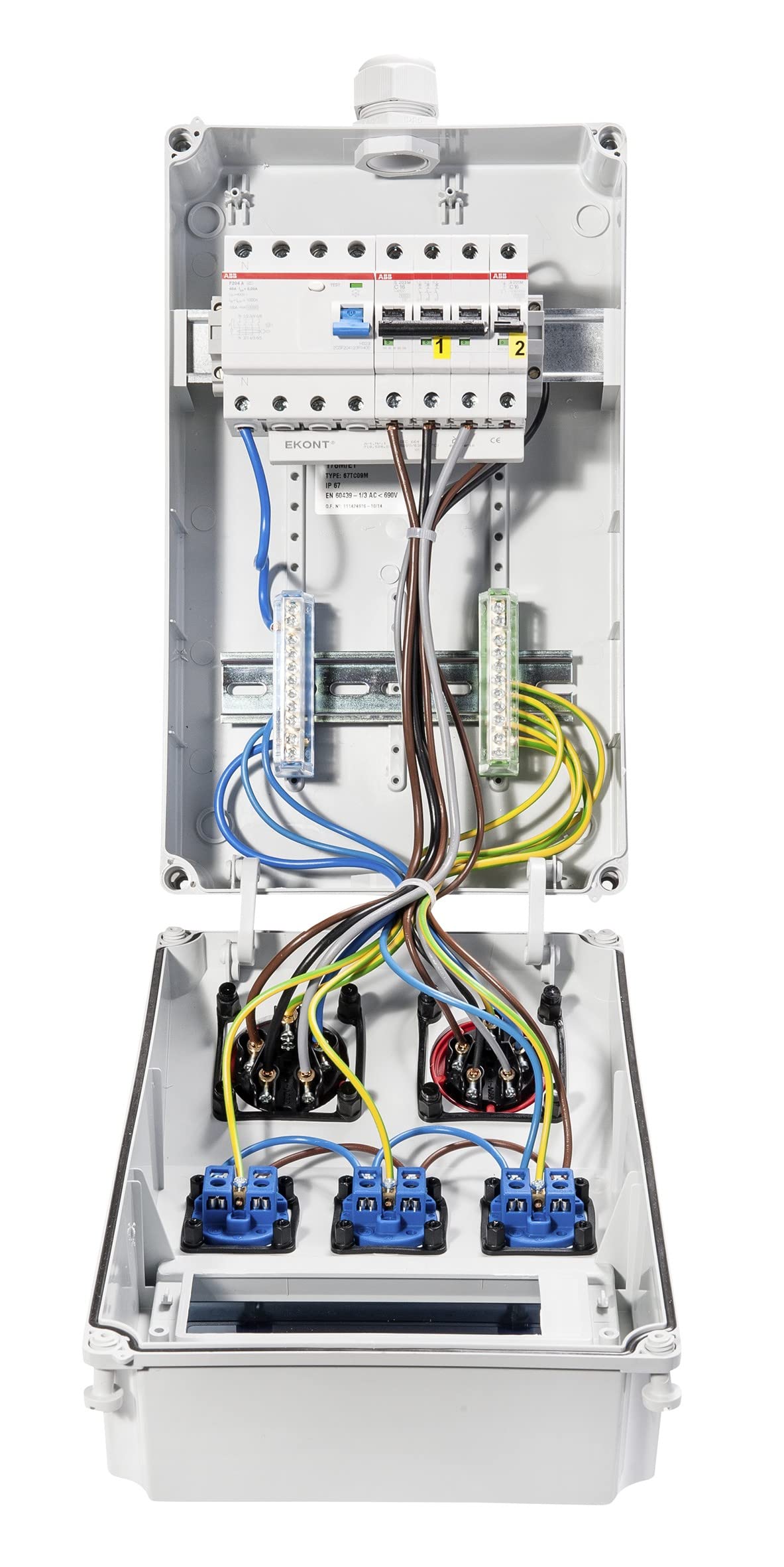 Wandverteiler - verdrahtet"WOLFSBURG" mit FI-Schalter Steckdose 230 V~ 3, CEE 16 A, 400 V~ 1, CEE 32 A, 400 V~ 1, LS 16 A, 1-polig, C 1, LS 16 A, 3-polig, C 1