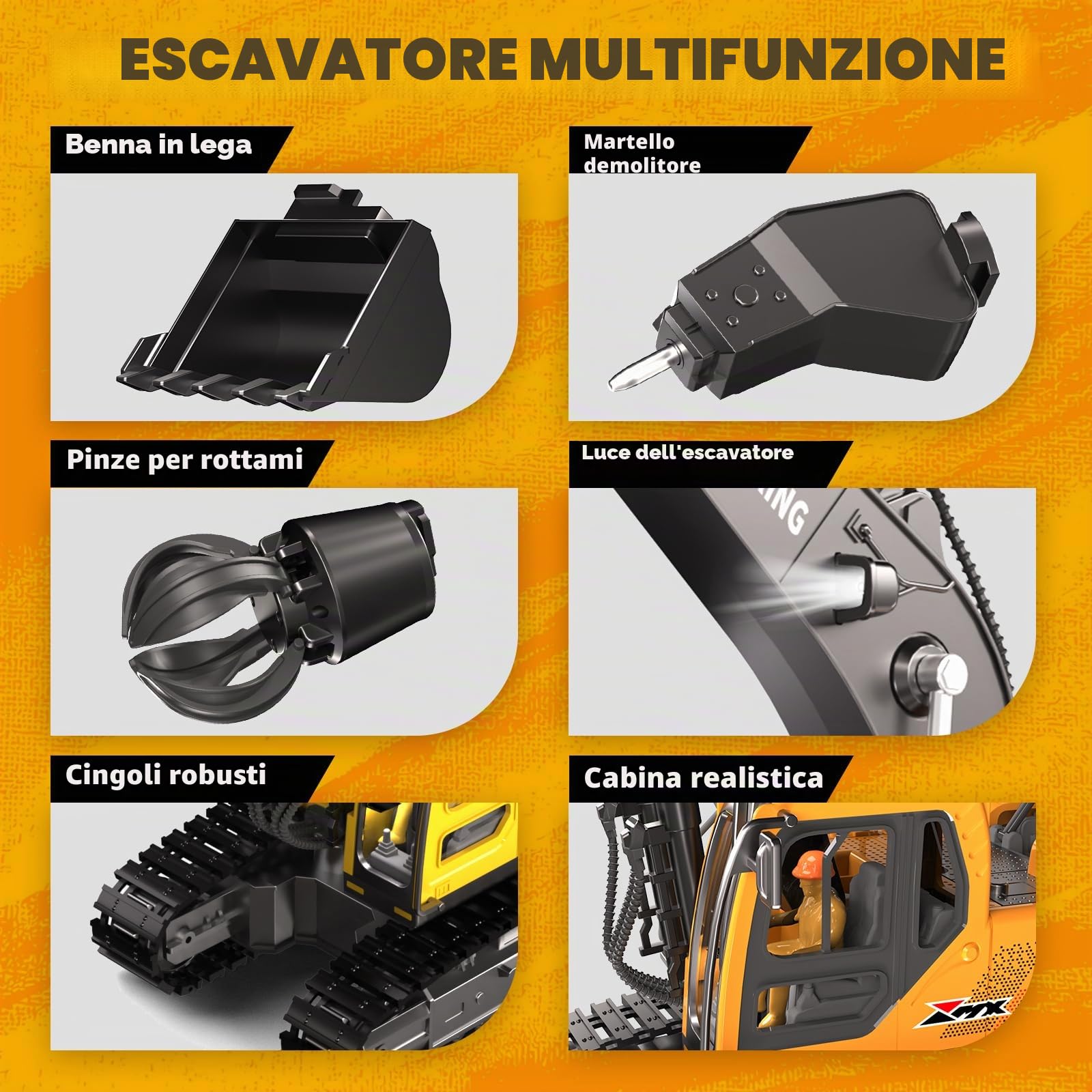 GraceDuck Escavatore Radiocomandato 3 in 1, 2.4GHz con Luci e Suoni - 680° Rotazione, Braccio Meccanico Funzionale e Cingoli Antiterreno - Giocattolo con 3 Accessori per Bambini 6-12 Anni