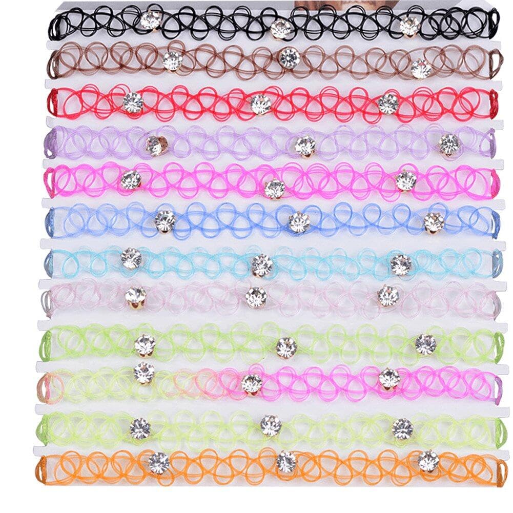 Lpitoy Women's Colorful 12Pcs Plastic Choker Necklace Set Henna Tattoo Stretch Elastic Lace Necklace Jewelry Multicolor Beaded Gift