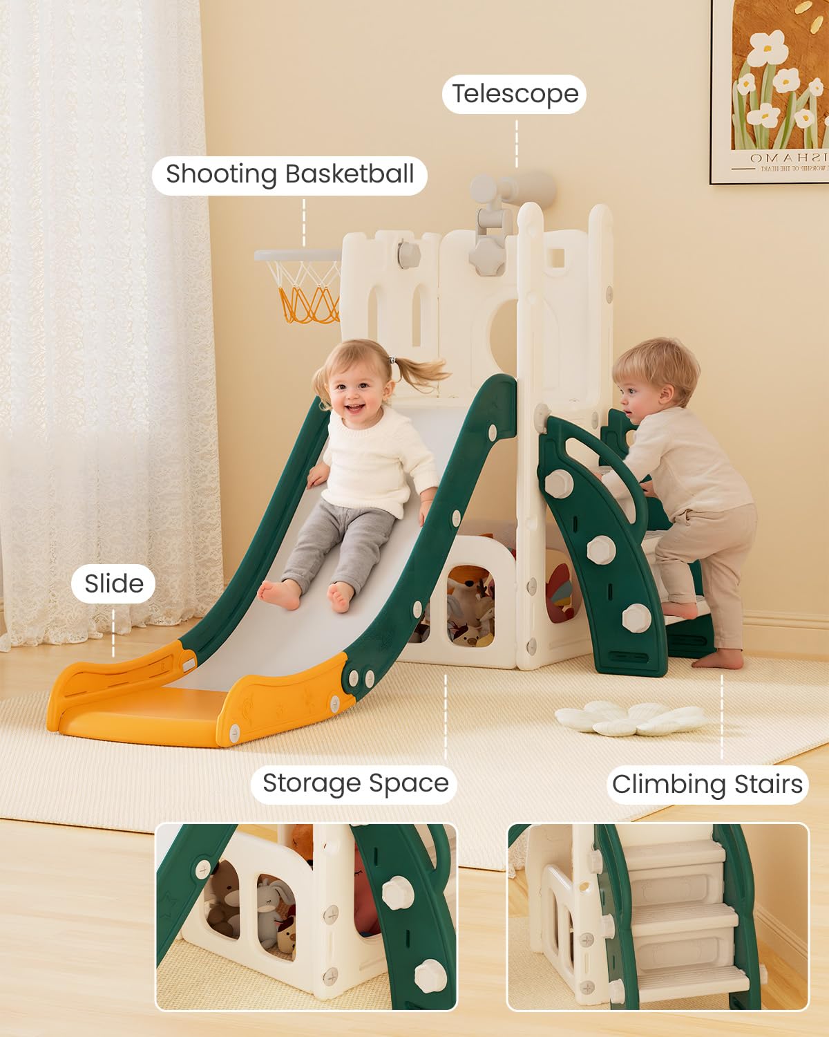 Tobogán Infantil, 5 en 1 Tobogán para Niños Interiores y Exteriores, con Aro de Baloncesto Espacio de Almacenamiento y Telescopio para Niños a Partir de 1 Año, Verde