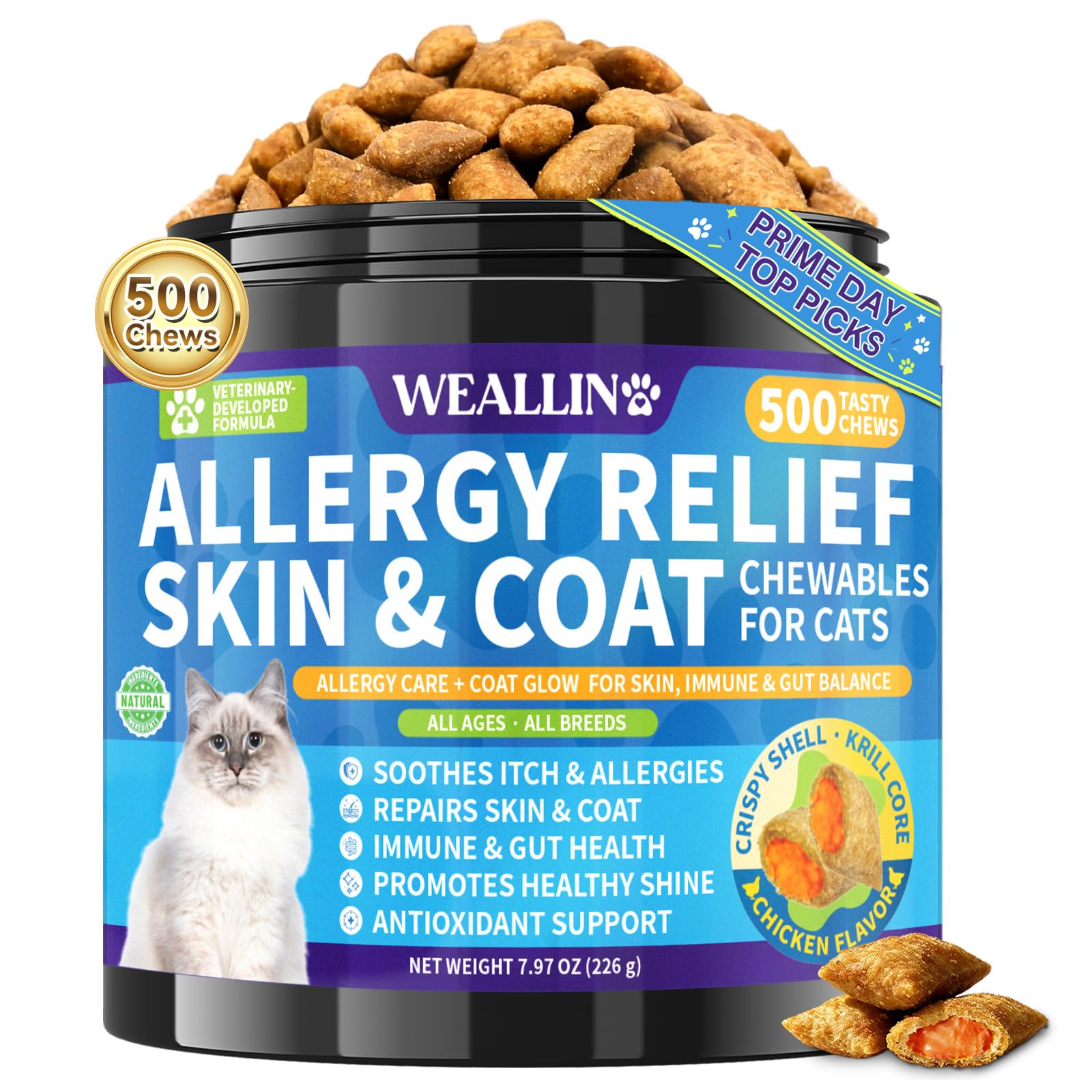 Allergy Relief Chews for Cat, 500 Crunchy & Krill Core With Omega-3 Probiotics for Allergy Relief, Immunity Supports Seasonal Itching Paw Licking & Scratching Itchy Skin & Coat Support Chicken Flavor