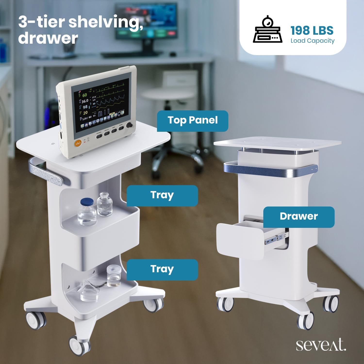 Professional Medical Cart | 3-Tier Rolling Utility Cart with Drawers | 198 lbs Capacity | Portable Medical Trolley for Home, Spa, Hospital, Office & Clinic (Pure White)