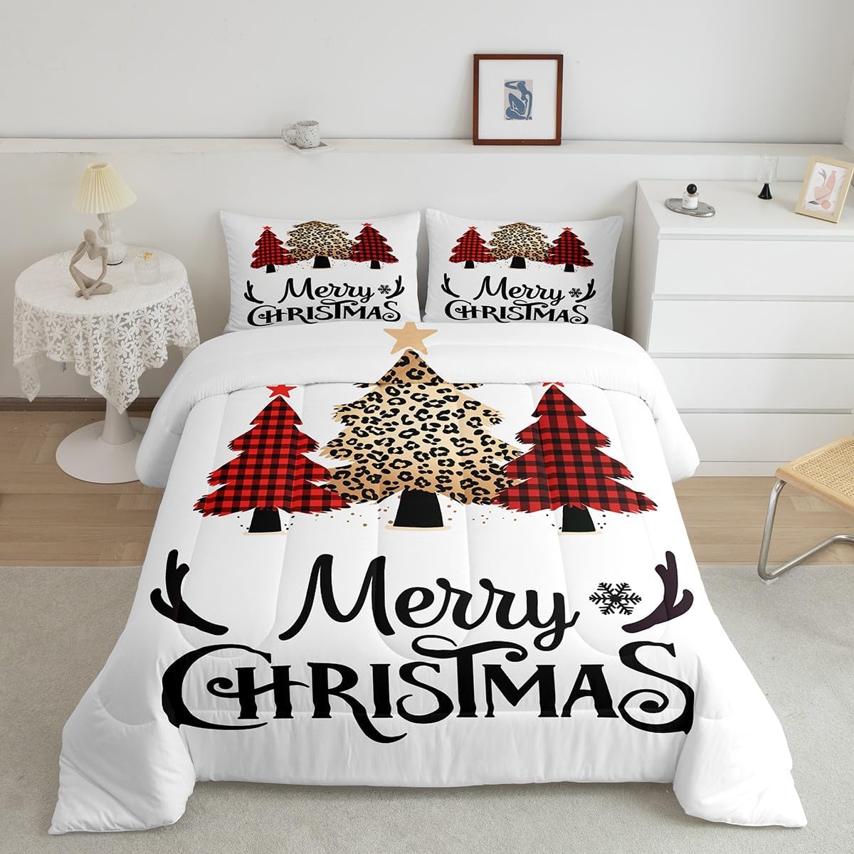 Erosebridal Leopard Print Christmas Tree Comforter Set Red and Black Lattice Checked Plaid Quilt Merry Christmas Bedding Set King,Xmas Snowflake Kawaii Room Decor Plain White