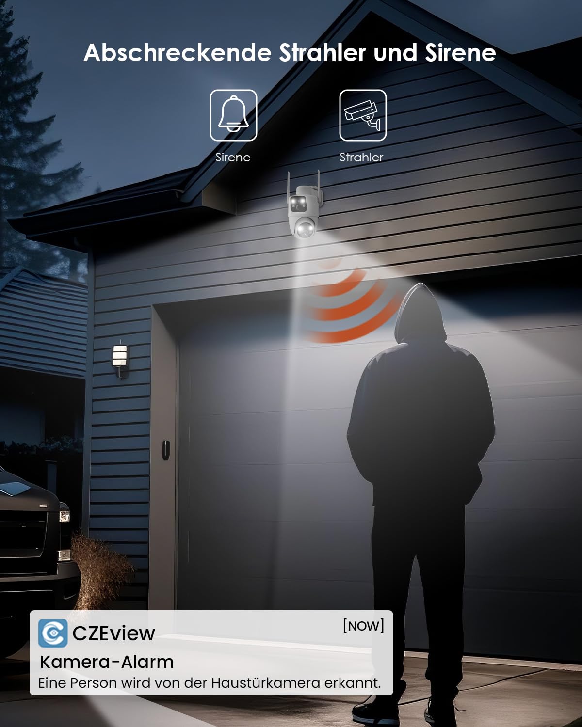 CZEview 4MP Dual Objektiv Überwachungskamera Aussen Solar, 10000mAh Akku | Wlan Outdoor Kamera mit 360° PTZ, 2.4GHz, Dual PIR Bewegungsmelder, Farb-Nachtsicht, 2-Wege-Audio, Wasserdicht IP65