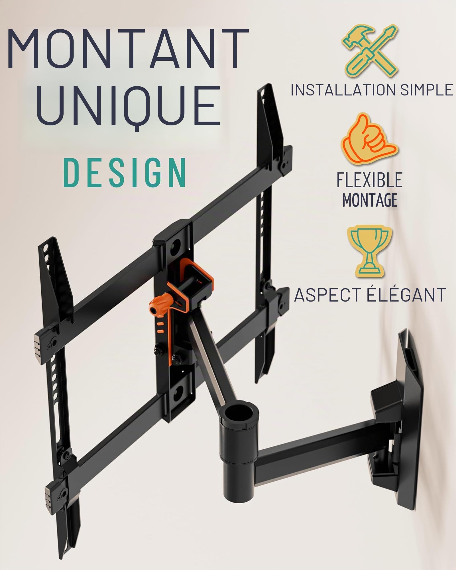 Echogear Support Mural TV Inclinable Et Orientable pour Téléviseur Jusqu’a 58 Pouces – Installation Hyper Facile sur 1 Montant – Ajustement Post-Installation – Cache Câble Intégré - EGMF