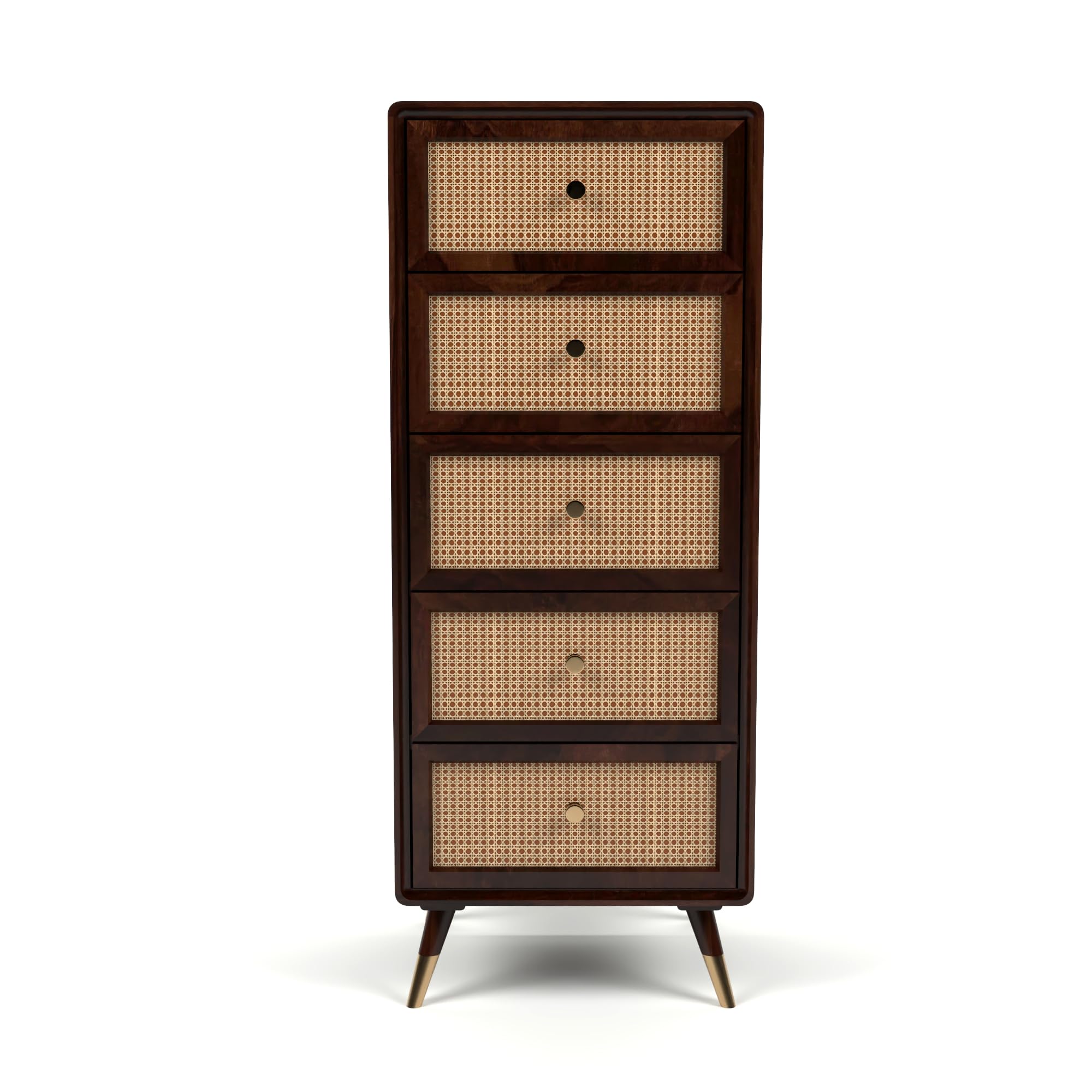 Solid Sheesham Wooden Rattan Cane Tall Chest of Drawer Five Drawer | Sideboard & Cabinet for Living Room with Drawer Storage | Walnut Finish-image-32