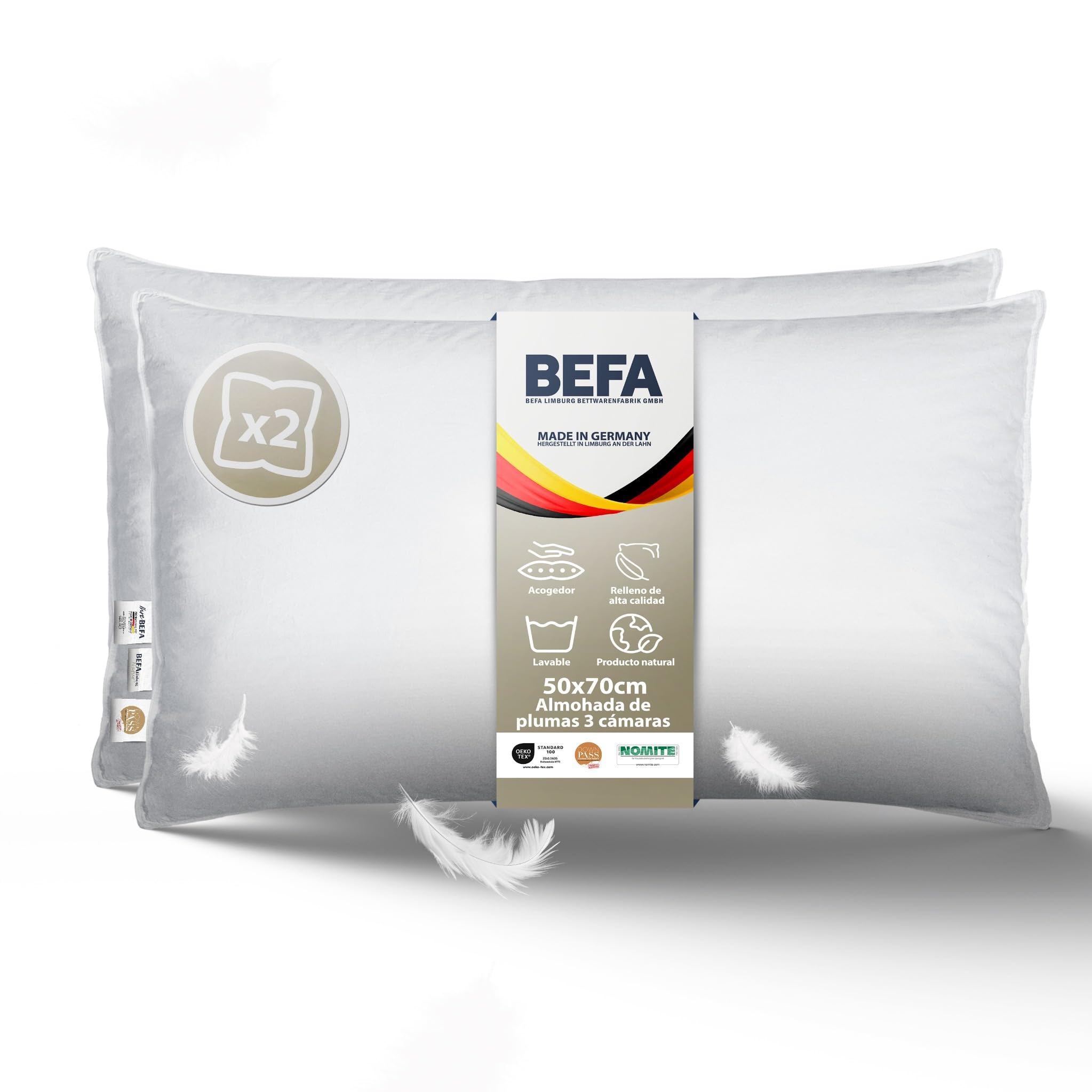 BEFA NATUR Almohada de plumón 50x70 cm (2 Unidades) | Almohada de 3 cámaras | 90% plumón y 10% Plumas | Apta para alérgicos (NOMITE) | Certificada DOWNPASS | Oeko-Tex Clase 1