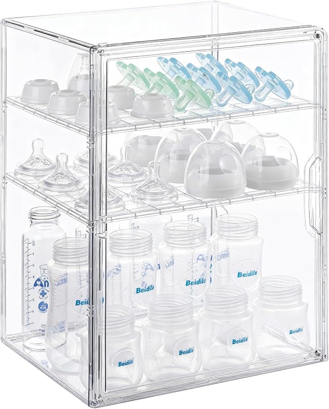 ERTIUANIO Baby Bottle Organizer – 3 Tier Bottle Storage Organizer Baby for Nipples, Pump Parts, Food Jars – Clear Acrylic Bottle Station Organizer for Countertop and Kitchen, Gifts for New Mom