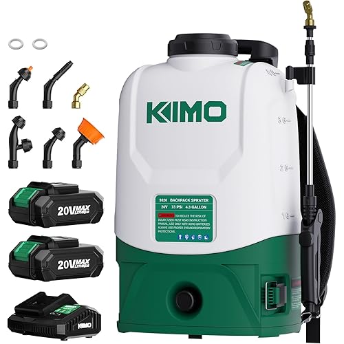 KIMO 4.3 Gallon Battery Powered Backpack Sprayer, 2PCS 20V 2.0Ah Battery & Fast Charger, 31" Telescopic Wand, 6 Nozzles, No Pump Needed, 0-73 PSI Electric Garden Sprayer for Weed, Lawn, Yard, Cleaning