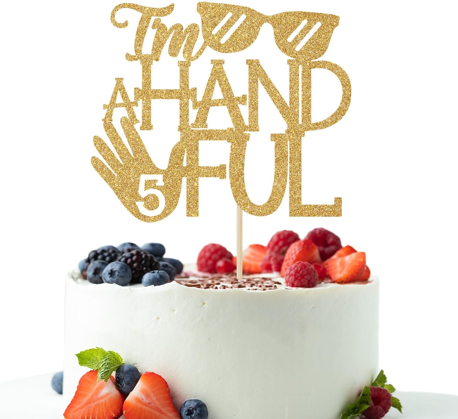 I'm a Handful Cake Topper, Bro I'm 5, Officially a Handful, High Five, Officially Handful, Happy 5th Birthday Party Decorations (Gold Glitter)
