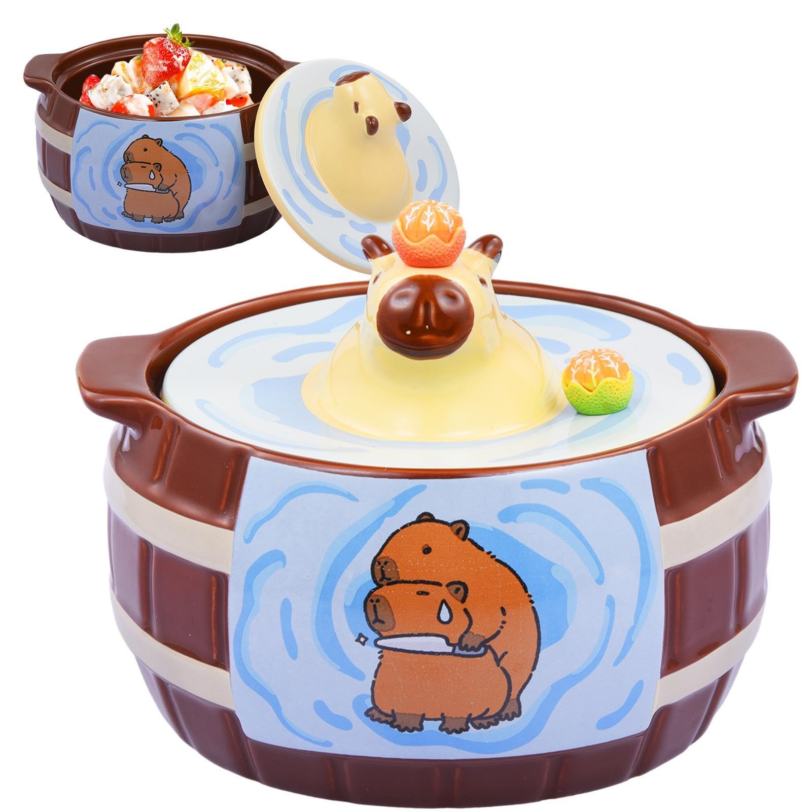 Cuencos grandes de ramen - Cuenco de fideos de cerámica con carpincho de dibujos animados | Tazas De Sopa Con Tapas Tazones De Cereales Para El Desayuno De Gran Capacidad Apto Para Microondas Con Asas