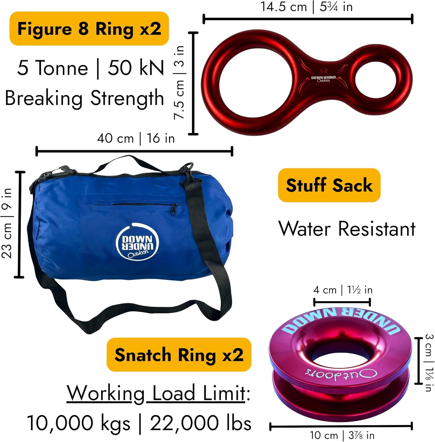 DOWN UNDER OUTDOORS Game/Log/4x4 Recovery Kit, Deer Drag, 650 ft of 9/32” (11,460 lbs) Winch Rope on Metal Reel, 2 Tree Savers, 2 Soft Shackles, 2 Snatch Rings, 2 Figure 8 Rings, Gear Bag