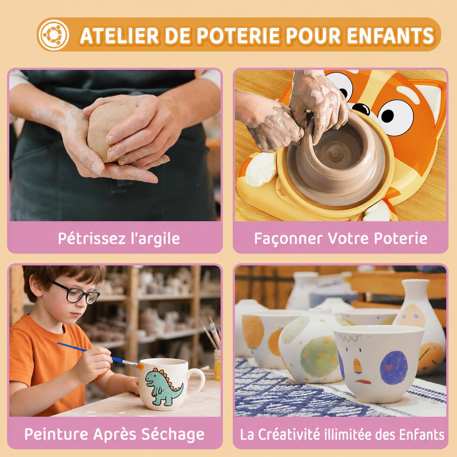 Kit Poterie Enfant - Jouet Tour de Potier Électrique - Atelier de Poterie Complet pour Débutants 6+ Ans avec 3 x Argile Auto Séchante – Activité Manuelle Enfant Cadeau pour Garçons/Filles (Chiot)