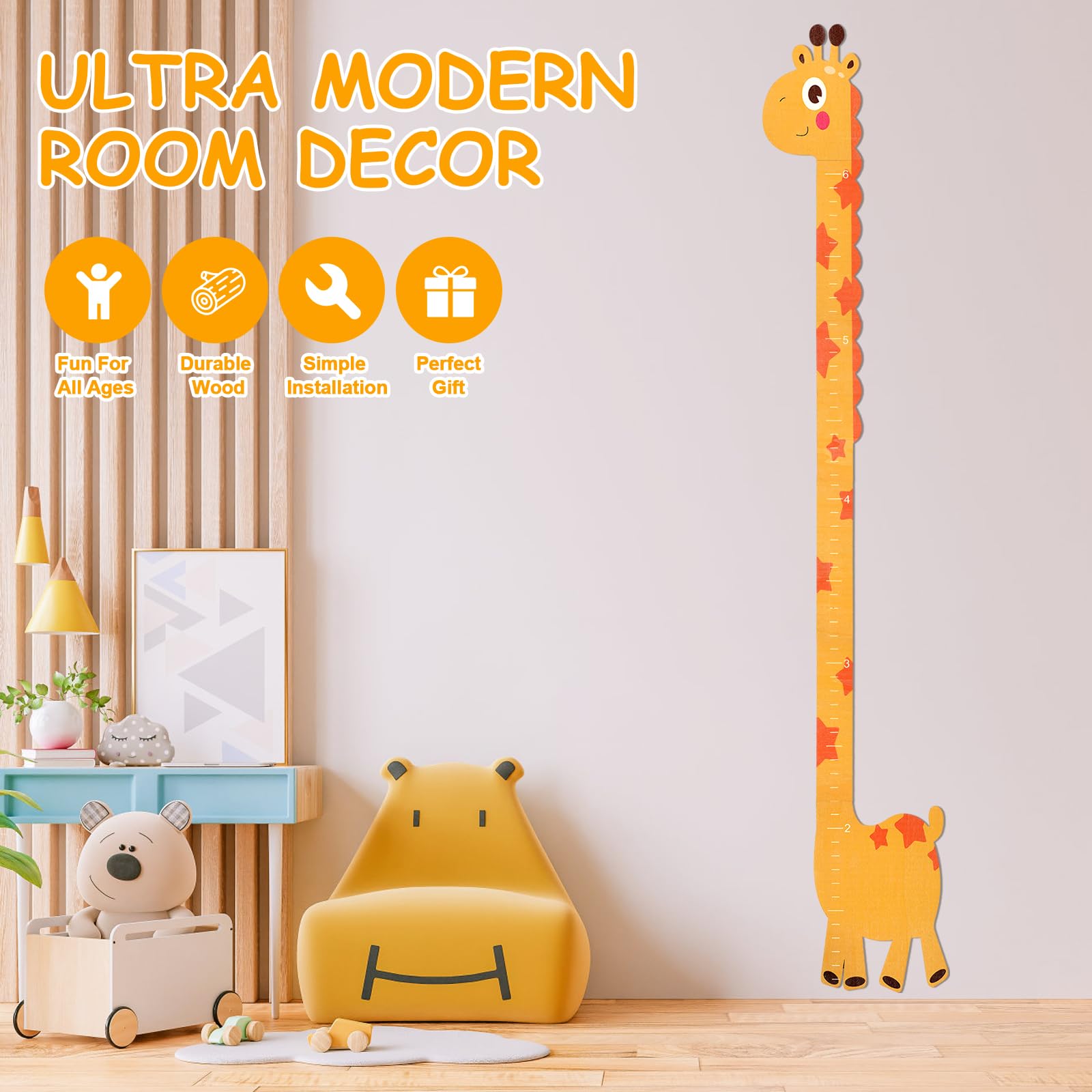 Toise pour enfants - 180 cm - Toise pour enfants - En bois - Personnalisable - Jolie girafes - Décoration murale et cadeaux de Noël pour garçons et filles - Jaune